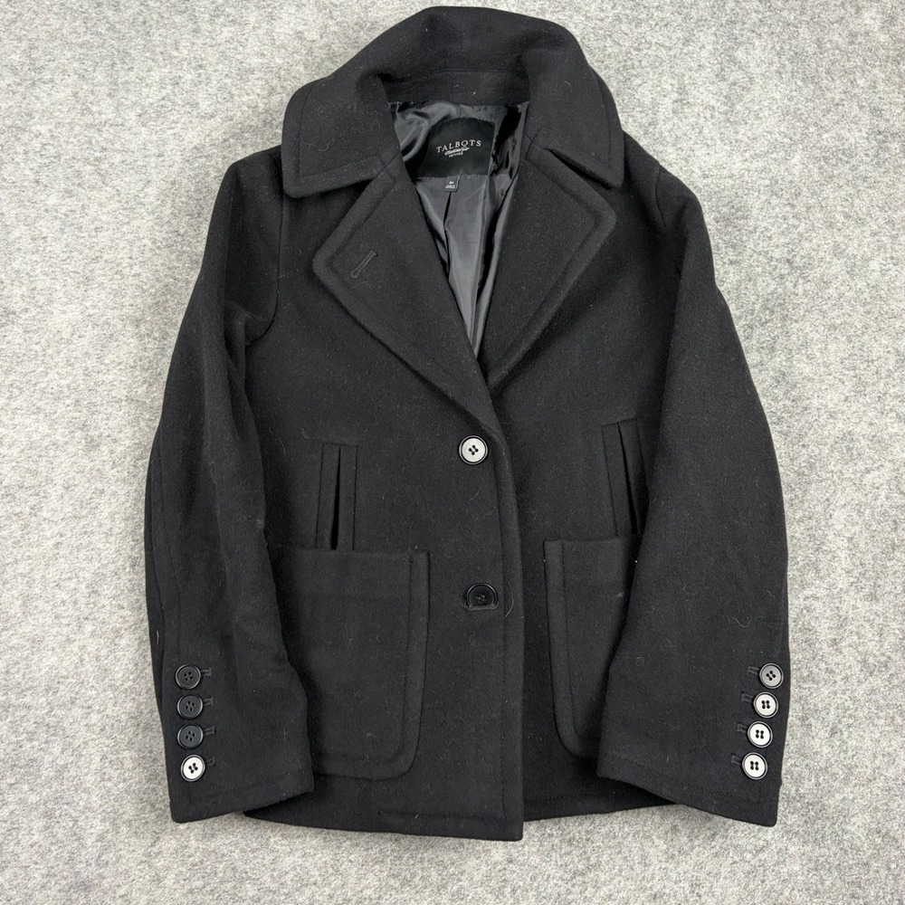Talbots Pea Coat Womens Size 4 Petite Black Wool Blend Button Front Outerwear